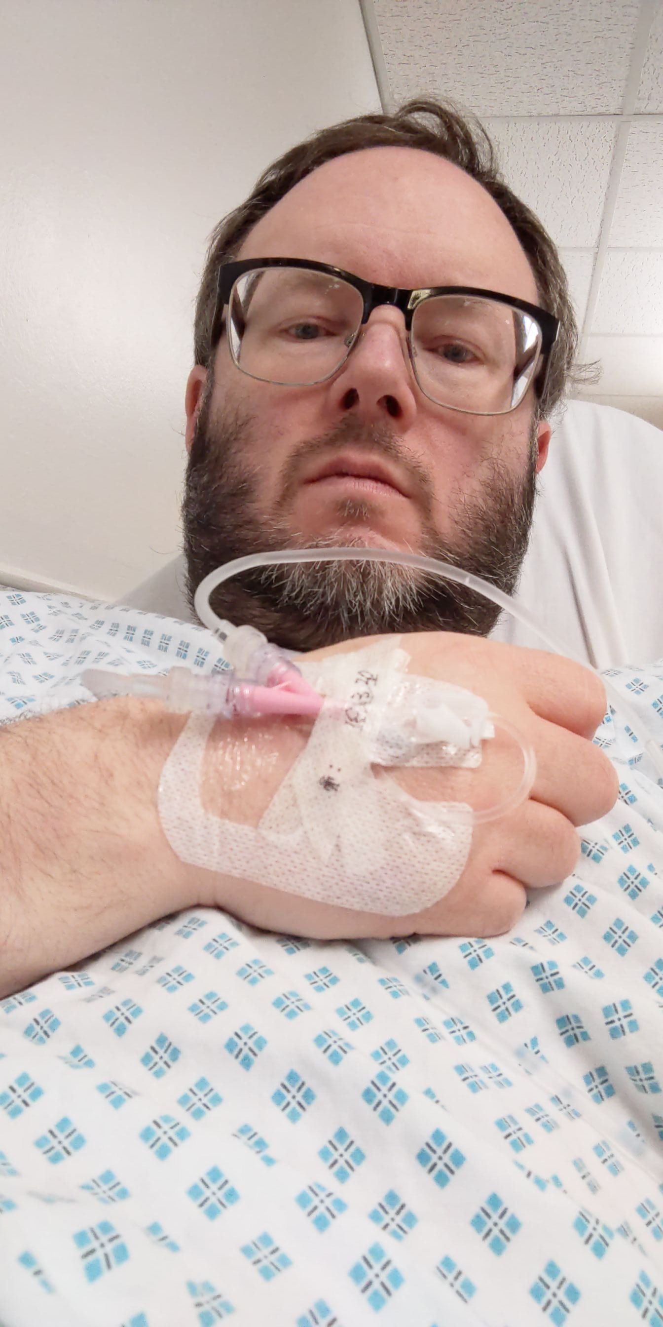 Me in hospital with a canula for the drip March 2020 (photo: James Kemp)